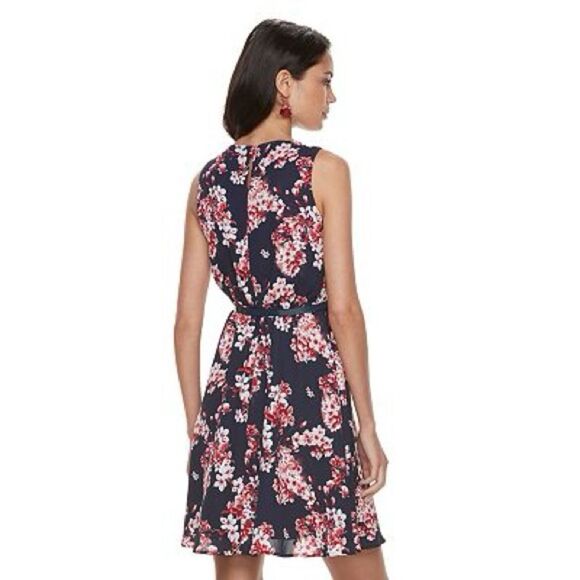 Elle Navy Blue Pink Floral Cherry Blossom Sleeveless Dress Size Small - Picture 5 of 11